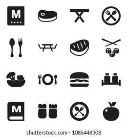 Set of vector isolated black icon - spoon and fork vector, picnic table, cafe, menu, salad, salt pepper, steak, hamburger, sushi, apple fruit