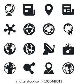 Set of vector isolated black icon - satellite antenna vector, bomb in case, globe, plane, earth, pin, network, share, news