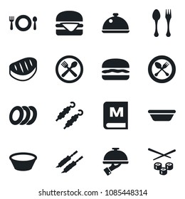 Set of vector isolated black icon - spoon and fork vector, dish, cafe, menu, plates, waiter, steak, kebab, hamburger, bowl, sushi