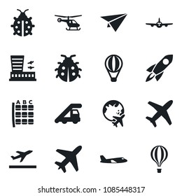 Set of vector isolated black icon - plane vector, departure, ladder car, helicopter, seat map, globe, airport building, lady bug, rocket, paper, air balloon