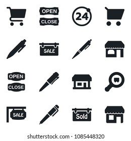 Set of vector isolated black icon - 24 around vector, shop, pen, store, search cargo, sale, sold signboard, open close, cart, storefront