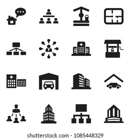 Set of vector isolated black icon - hierarchy vector, well, hospital, office building, garage, plan, home message