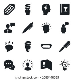 Set of vector isolated black icon - speaking man vector, pen, brainstorm, dialog, wine card, hot dog, energy saving bulb, shining head, idea