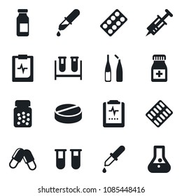 Set of vector isolated black icon - syringe vector, blood test vial, dropper, pills, bottle, blister, ampoule, pulse clipboard, flask