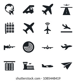 Set of vector isolated black icon - plane vector, runway, radar, arrival, ladder car, boarding, seat map, flight table, globe, airport building, paper