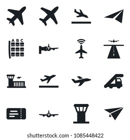 Set of vector isolated black icon - plane vector, airport tower, runway, radar, departure, arrival, ticket, ladder car, boarding, seat map, building, paper