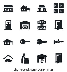 Set of vector isolated black icon - baby room vector, boarding, medical, checkroom, house with garage, key, cafe building, open close, gate control, door