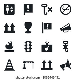 Set of vector isolated black icon - barrier vector, elevator, no smoking, bomb in case, border cone, important flag, traffic light, fragile, up side sign, hook, flammable, loudspeaker