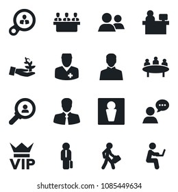 Set of vector isolated black icon - male vector, vip, meeting, manager place, doctor, client, speaker, group, user, consumer search, palm sproute, man with notebook