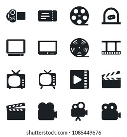 Set of vector isolated black icon - ticket vector, office, clapboard, film frame, reel, tv, video camera
