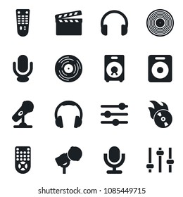 Set of vector isolated black icon - clapboard vector, vinyl, flame disk, microphone, remote control, headphones, speaker, tuning