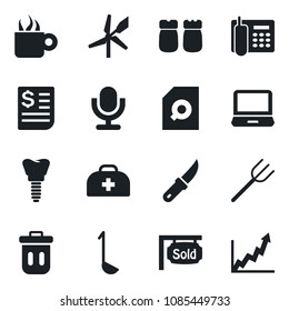 Set of vector isolated black icon - farm fork vector, garden knife, doctor case, implant, receipt, microphone, laptop pc, document search, office phone, sold signboard, coffee, salt and pepper