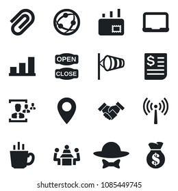 Set of vector isolated black icon - antenna vector, wind, notebook pc, pin, receipt, network, paper clip, bar graph, hr, meeting, handshake, mail, coffee, dress code, open close, money bag