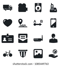 Set of vector isolated black icon - identity vector, pennant, bike, navigation, car delivery, route, video camera, cell phone, radio, speaker, heart, gallery, mail, support, router, investment