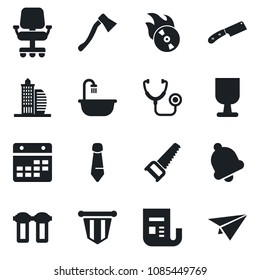 Set of vector isolated black icon - pennant vector, tie, saw, axe, stethoscope, fragile, flame disk, news, bell, calendar, office building, bathroom, knife, water filter, chair, paper plane