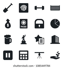 Set of vector isolated black icon - passport vector, office building, pedestal, shovel, barbell, cargo container, favorites list, pause button, calculator, lock, fingerprint id, pie graph, beer