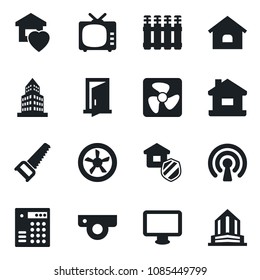 Set of vector isolated black icon - saw vector, tv, monitor, office building, house, sweet home, estate insurance, fan, wireless, web camera, radiator, door, combination lock