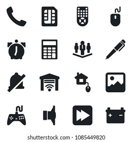 Set of vector isolated black icon - mouse vector, speaker, gamepad, remote control, fast forward, call, gallery, alarm, sim, mute, calculator, pen, company, home, garage gate, battery