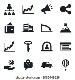 Set of vector isolated black icon - reception vector, hierarchy, mobile tracking, office building, motivation, wallet, growth graph, crisis, investment, car, schedule, social media, advertising, tie