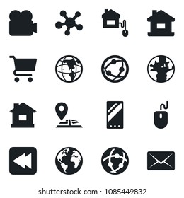 Set of vector isolated black icon - mouse vector, house, navigation, earth, video camera, network, share, rewind, mobile, home control, cart, mail