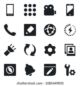 Set of vector isolated black icon - cell phone vector, mobile, call, menu, update, settings, bell, network, notes, torch, compass, video, photo gallery, charge, root setup