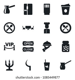 Set of vector isolated black icon - spoon and fork vector, coffee, sickle, pills bottle, fridge, cook, cafe, drink, phyto bar, waiter, candle, table, vip zone, open close, turkish