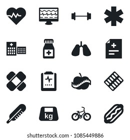 Set of vector isolated black icon - heart pulse vector, monitor, diagnosis, thermometer, pills bottle, blister, patch, ambulance star, barbell, bike, lungs, clipboard, diet, hospital, heavy, hot dog