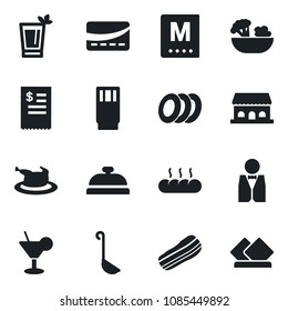 Set of vector isolated black icon - waiter vector, menu, reception, drink, cocktail, phyto bar, salad, plates, bacon, bread, cafe building, credit card, restaurant receipt, chicken, ladle, serviette