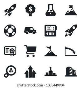 Set of vector isolated black icon - stopwatch vector, consumer search, arrow up graph, motivation, rocket, crisis, cart, flask, car, management, certificate, pedestal, money tree, office building