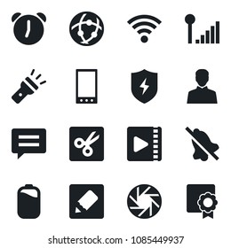 Set of vector isolated black icon - mobile vector, message, camera, protect, user, alarm, network, notes, wireless, torch, mute, cut, video, cellular signal, battery, sertificate