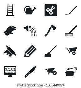 Set of vector isolated black icon - pencil vector, rake, ladder, watering can, wheelbarrow, glove, hoe, axe, monitor pulse, scalpel, cut, rolling pin, knife, steaming pan