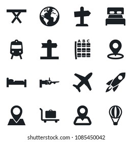 Set of vector isolated black icon - baggage trolley vector, train, bed, boarding, seat map, picnic table, signpost, navigation, earth, pin, plane, place tag, bedroom, rocket, guidepost, air balloon