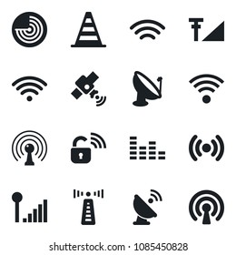 Set of vector isolated black icon - antenna vector, border cone, radar, satellite, equalizer, wireless, cellular signal, lock