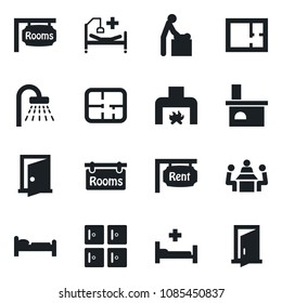 Set of vector isolated black icon - baby room vector, bed, shower, checkroom, fireplace, hospital, meeting, plan, rent, rooms, door