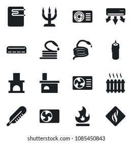 Set of vector isolated black icon - fire vector, hose, fireplace, thermometer, heater, air conditioner, candle, water, smoke detector
