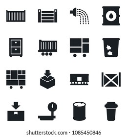 Set of vector isolated black icon - trash bin vector, watering, truck trailer, cargo container, consolidated, package, oil barrel, heavy scales, railroad, archive box, water filter