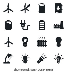 Set of vector isolated black icon - bulb vector, oil barrel, battery, torch, desk lamp, windmill, heater, factory, power plug, water, idea