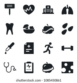 Set of vector isolated black icon - plant label vector, seeds, heart pulse, diagnosis, stethoscope, dropper, barbell, run, lungs, tooth, clipboard, diet, hospital, salad, cheese