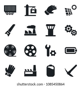 Set of vector isolated black icon - airport tower vector, factory, glove, saw, truck trailer, reel, battery, root setup, sun panel, crane, gear, hard work