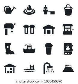 Set of vector isolated black icon - shower vector, watering can, bucket, boot, well, sea port, warehouse, pool, water supply, heater, filter, warm floor