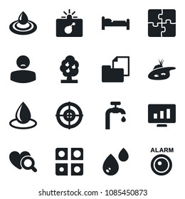 Set of vector isolated black icon - bomb in case vector, bed, statistic monitor, water drop, heart diagnostic, patient, folder document, application, target, pond, supply, fruit tree, alarm led