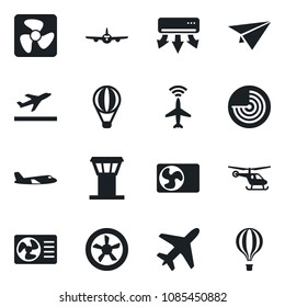 Set of vector isolated black icon - plane vector, airport tower, radar, departure, helicopter, air conditioner, fan, paper, balloon