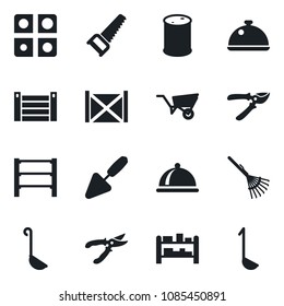 Set of vector isolated black icon - trowel vector, rake, wheelbarrow, pruner, saw, container, oil barrel, rack, application, dish, ladle