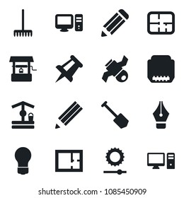 Set of vector isolated black icon - drawing pin vector, bulb, job, pencil, rake, well, satellite, hdmi, brightness, ink pen, plan, pc