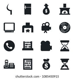 Set of vector isolated black icon - phone vector, abacus, sickle, vinyl, tv, video camera, office, fireplace, fridge, money bag, sand clock