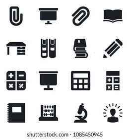 Set of vector isolated black icon - book vector, calculator, abacus, desk, presentation board, pencil, microscope, copybook, paper clip, shining head