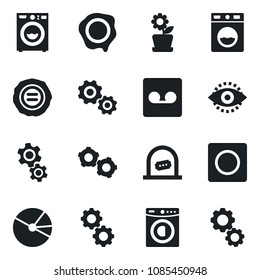 Set of vector isolated black icon - ticket office vector, gear, stamp, record, eye id, pie graph, washer, flower in pot