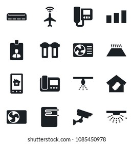 Set of vector isolated black icon - plane radar vector, identity card, sorting, air conditioner, smart home, water heater, intercome, control app, filter, warm floor, surveillance, sprinkler