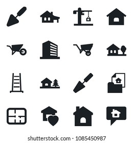 Set of vector isolated black icon - office building vector, trowel, ladder, wheelbarrow, house, with garage, tree, plan, estate document, sweet home, crane, message