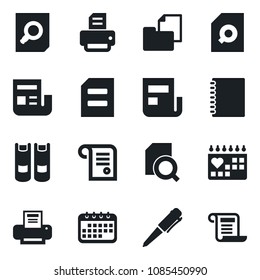 Set of vector isolated black icon - book vector, document search, pen, printer, medical calendar, folder, copybook, news, contract